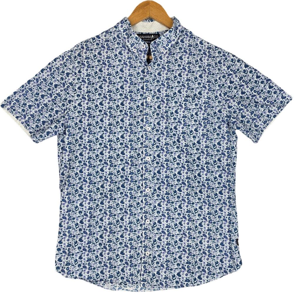 GRAHAM CO MEN’S SLIM‑FIT SHORT‑SLEEVE BUTTON‑UP – SIZE M – BLUE FLORAL PAISLEY